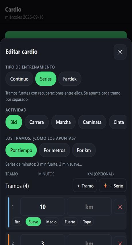 Editor de cardio por series con tramos de tiempo