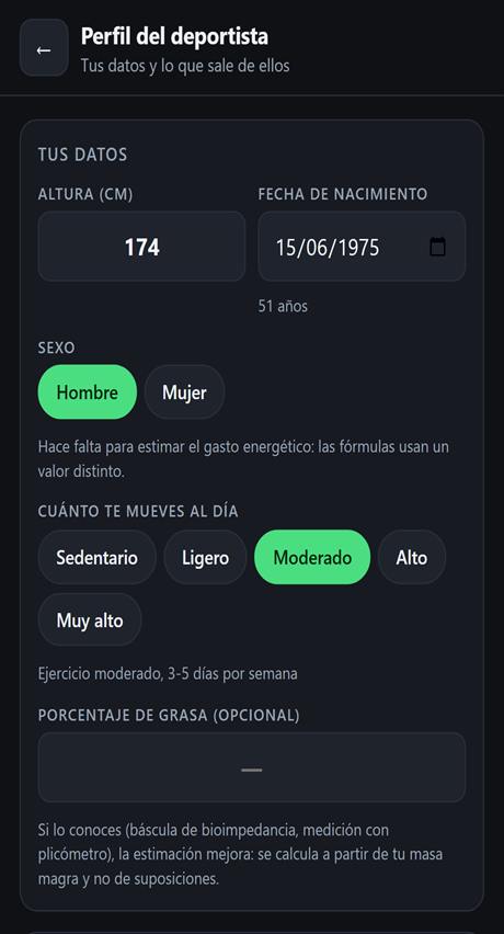 Perfil del deportista con altura, edad y estimaciones