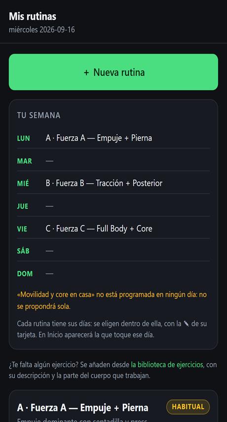 Plan de la semana con las rutinas repartidas por días