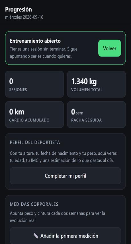 Pantalla de progreso con volumen de entrenamiento y kilómetros acumulados