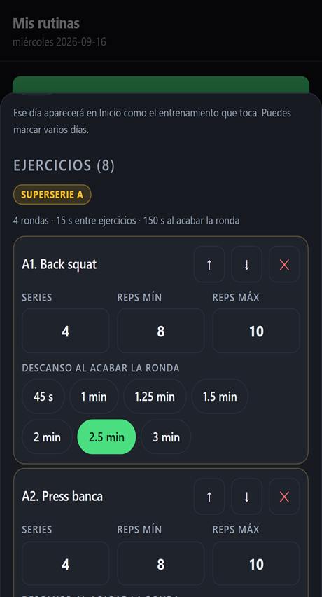 Editor de rutina con dos ejercicios enlazados en superserie